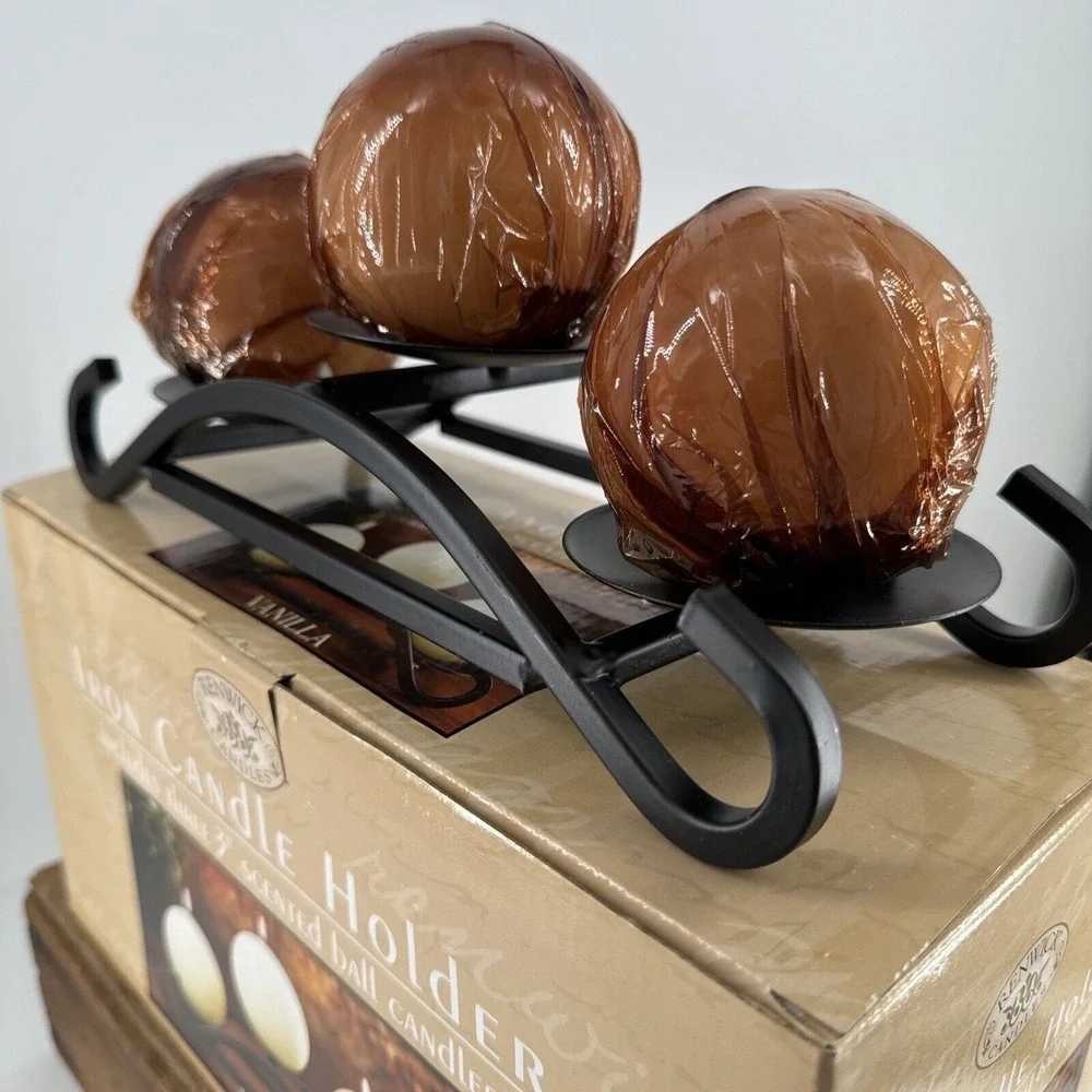Iron‎ Candle Holder Renwick Candles w/3 Vanilla Scented Ball Candles 11